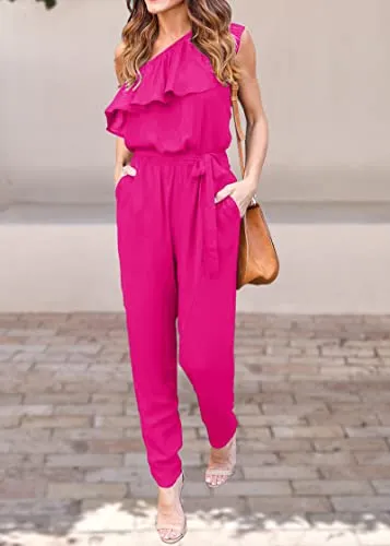 KIRUNDO Jumpsuits For Women Casual Summer 2023 One Shoulder Ruffle Elastic Waist Long Pants Jumpsuit Romper With Pockets(Rose Red, Large)