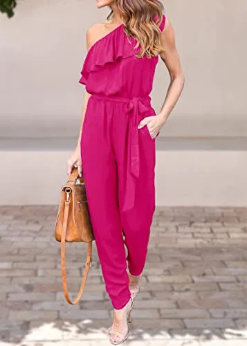 KIRUNDO Jumpsuits For Women Casual Summer 2023 One Shoulder Ruffle Elastic Waist Long Pants Jumpsuit Romper With Pockets(Rose Red, Large)