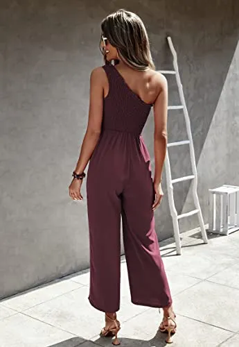 KIRUNDO Women's 2023 Summer Smocked One Shoulder Jumpsuits High Waist Solid Casual Sleeveless Wide Leg Romper With Pockets(Wine Red, Medium)