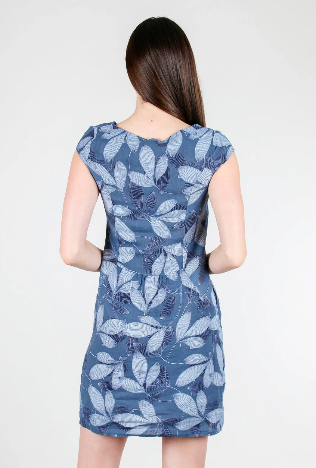 Leaf Pattern Linen Dress, Indigo