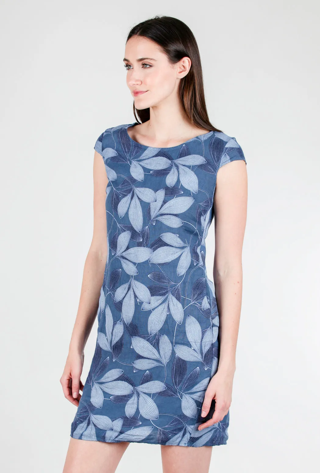 Leaf Pattern Linen Dress, Indigo