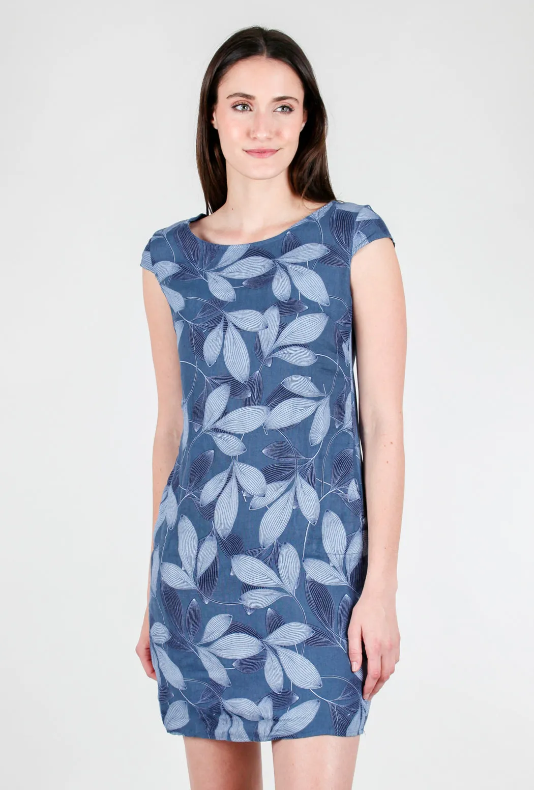 Leaf Pattern Linen Dress, Indigo