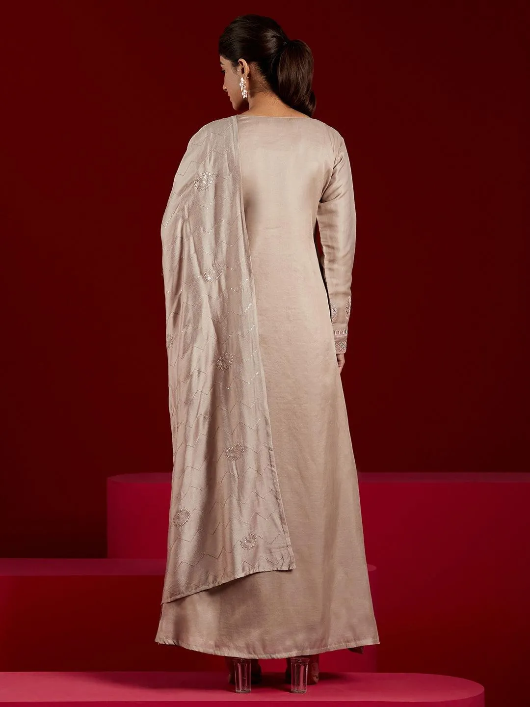 Libas Art Taupe Embroidered Silk Blend A-Line Kurta With Trousers & Dupatta