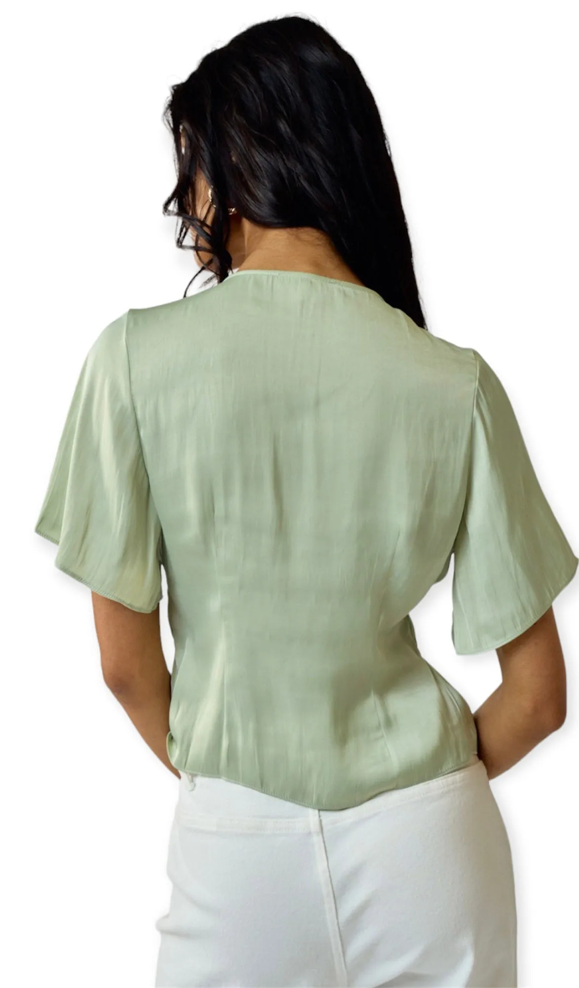 Lyra Sage Satin Button-Down Blouse