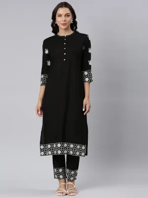 Neerus Black Panelled Straight Yoke Design Kurta And Trousers