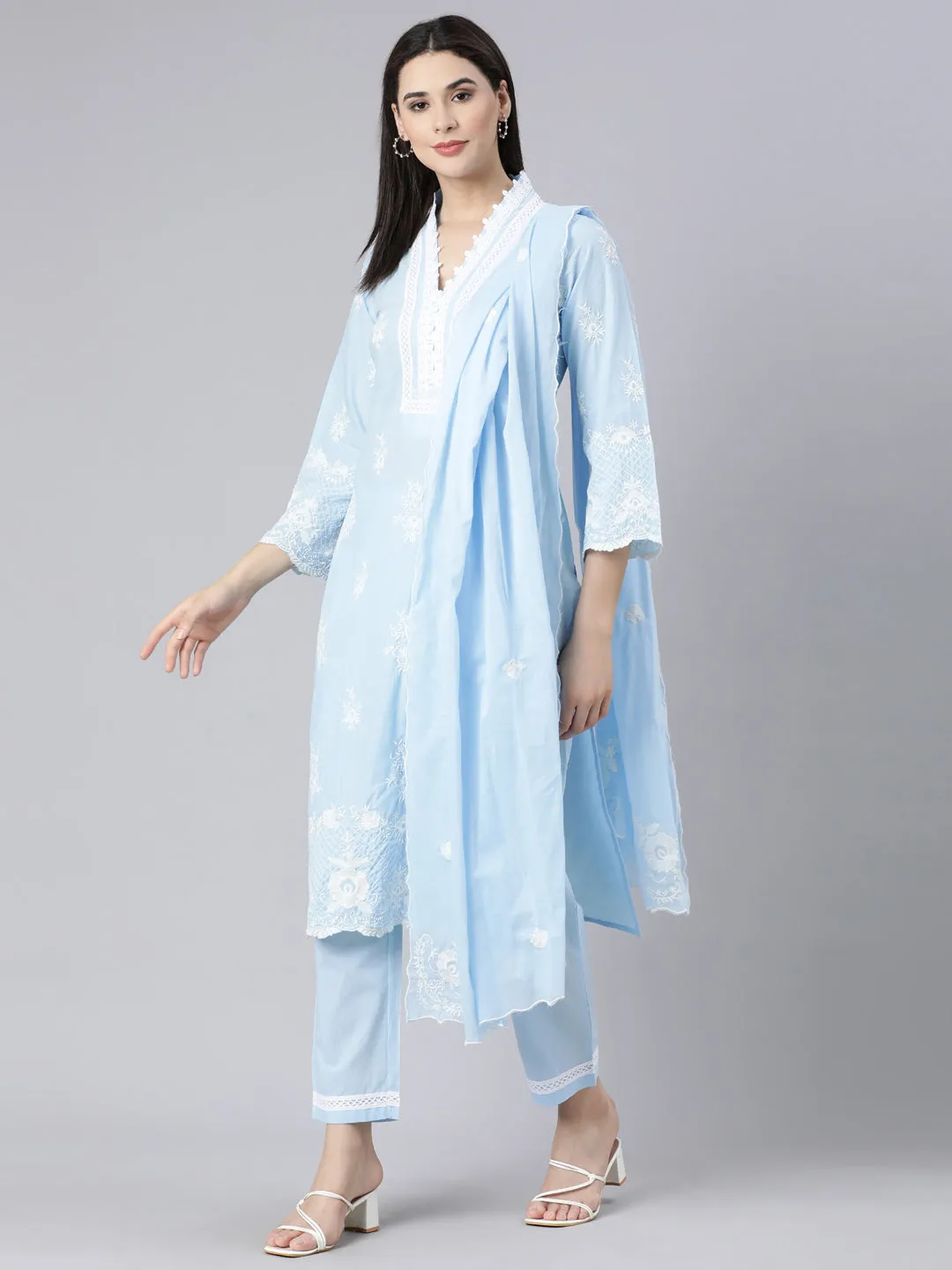 Neerus Blue Panelled Straight Yoke Design Kurta And Trousers With Dupatta