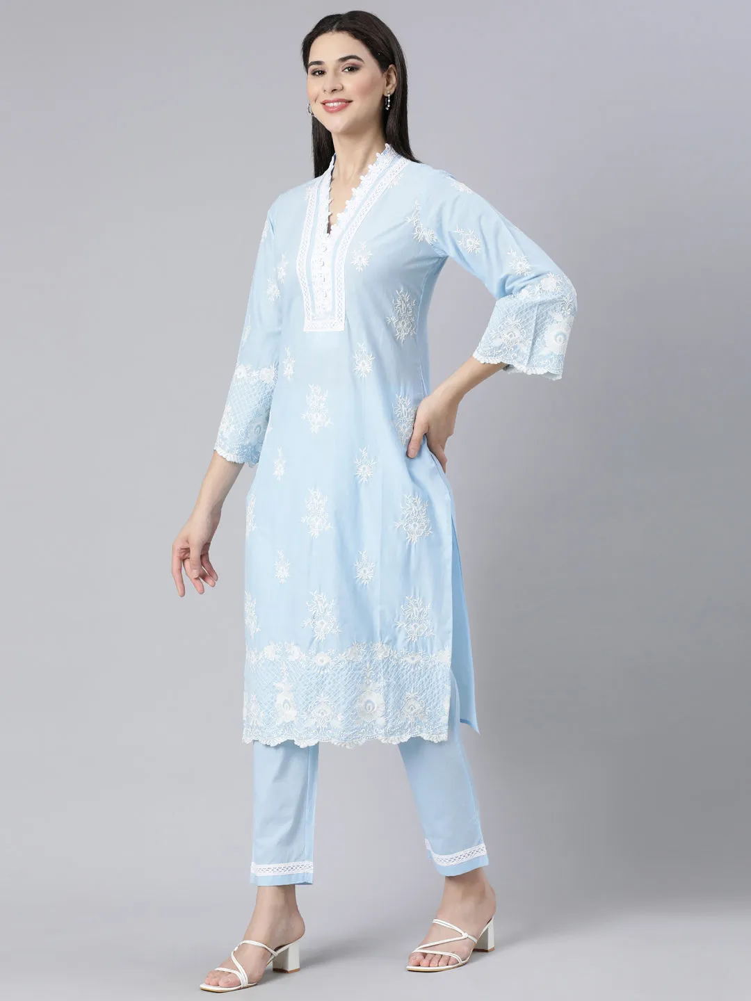 Neerus Blue Panelled Straight Yoke Design Kurta And Trousers With Dupatta