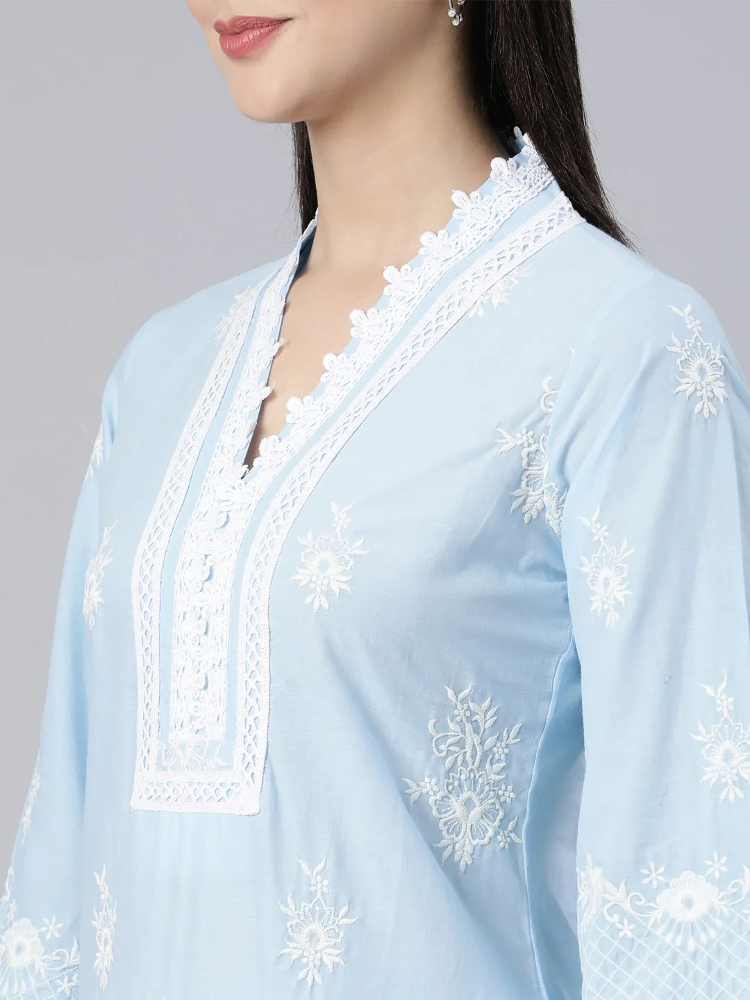 Neerus Blue Panelled Straight Yoke Design Kurta And Trousers With Dupatta