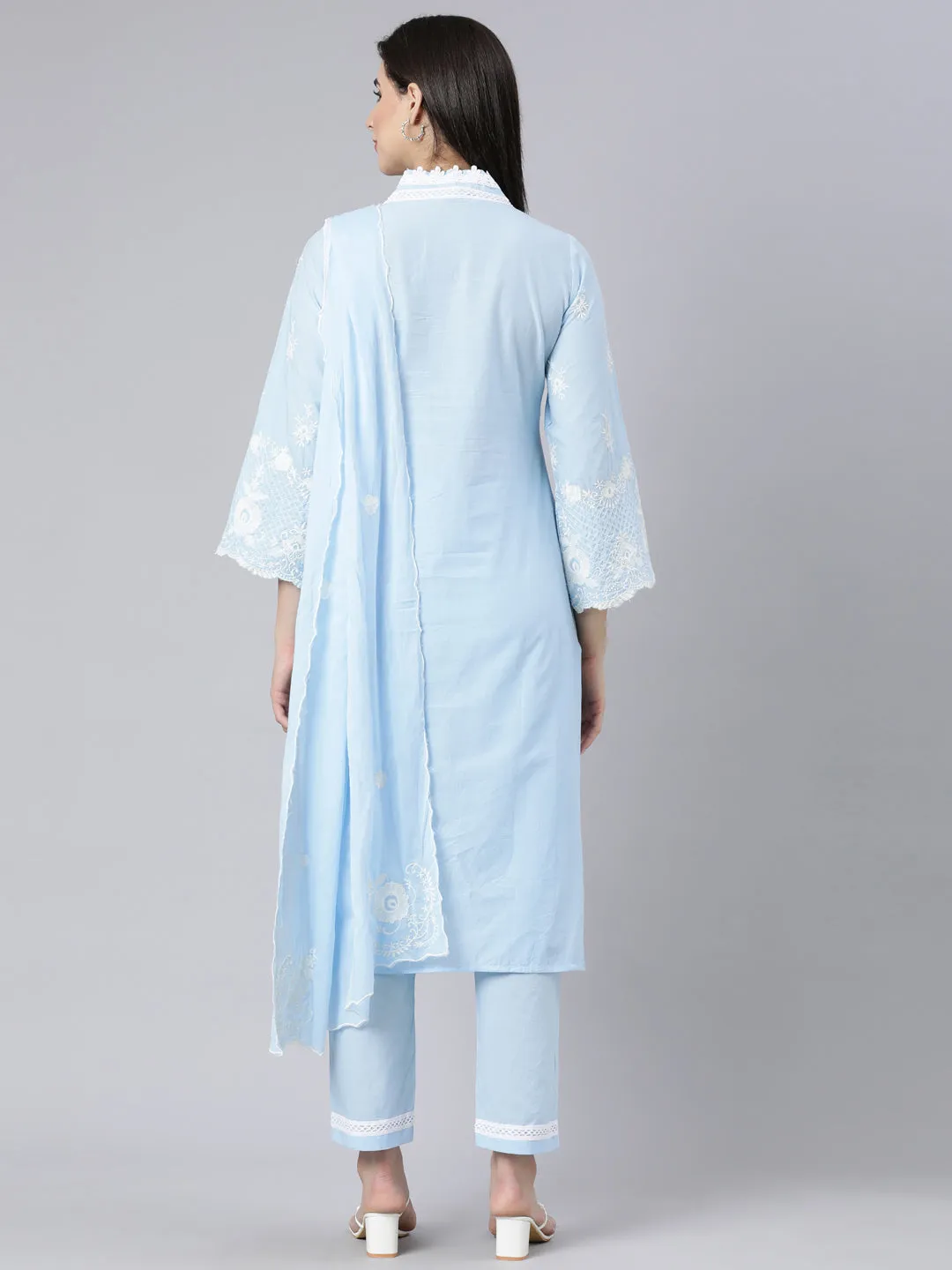 Neerus Blue Panelled Straight Yoke Design Kurta And Trousers With Dupatta