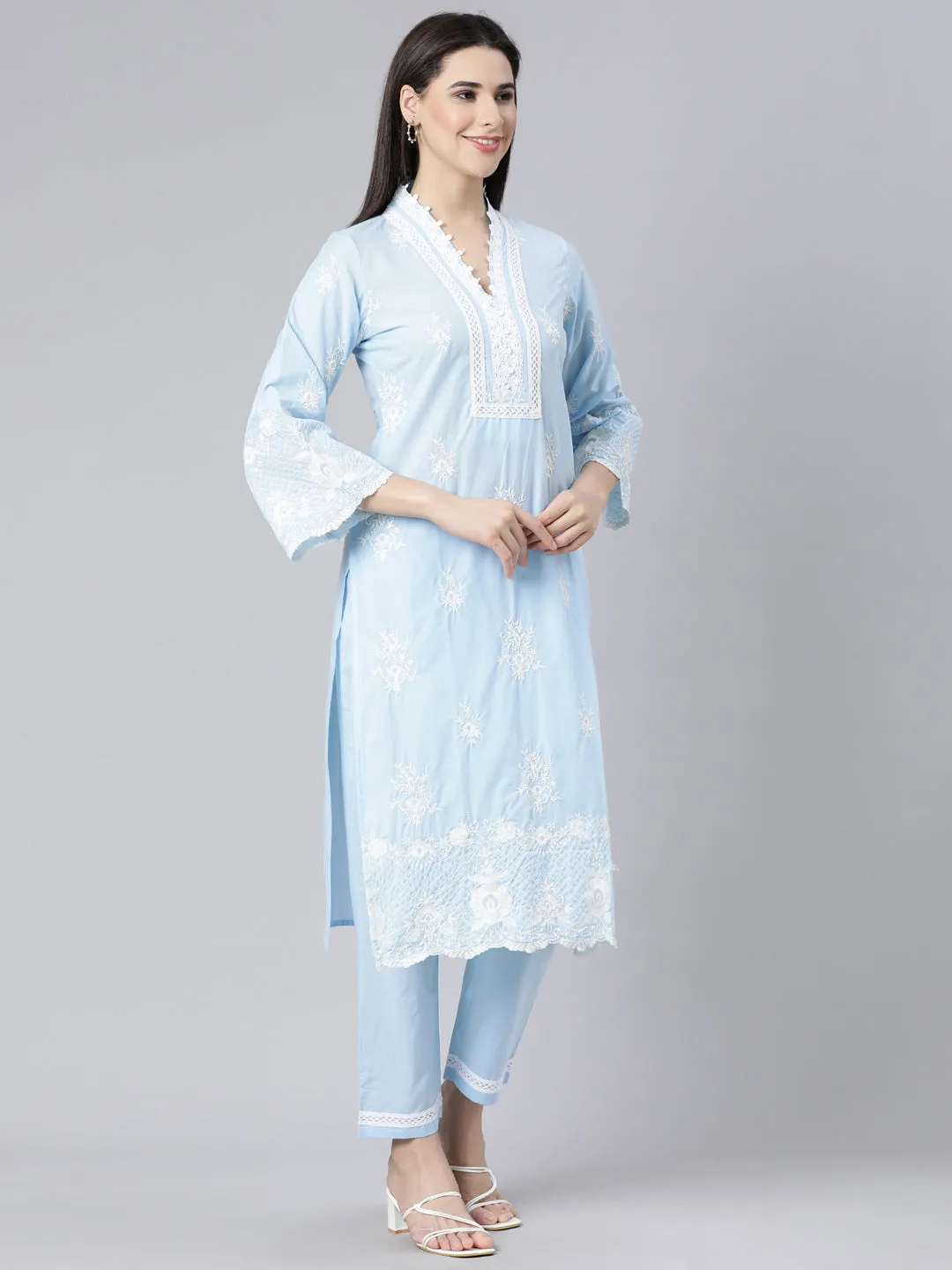 Neerus Blue Panelled Straight Yoke Design Kurta And Trousers With Dupatta