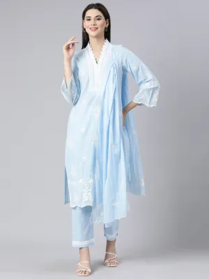 Neerus Blue Panelled Straight Yoke Design Kurta And Trousers With Dupatta