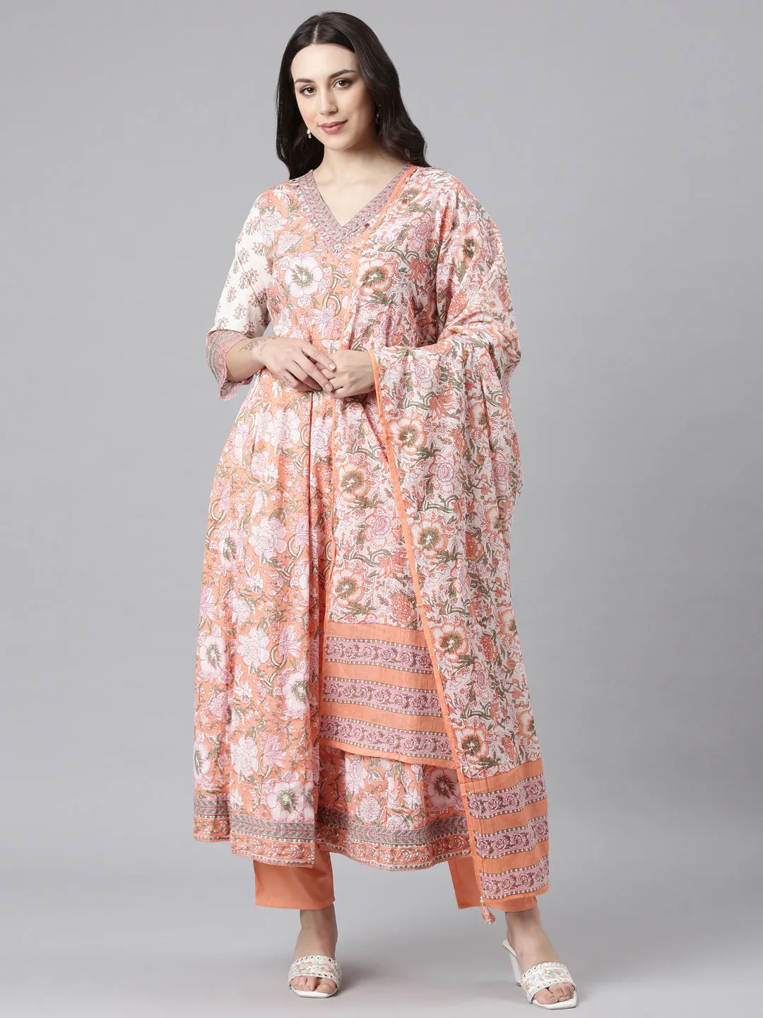 Neerus Peach Anarkali Kurta and Trousers With Dupatta