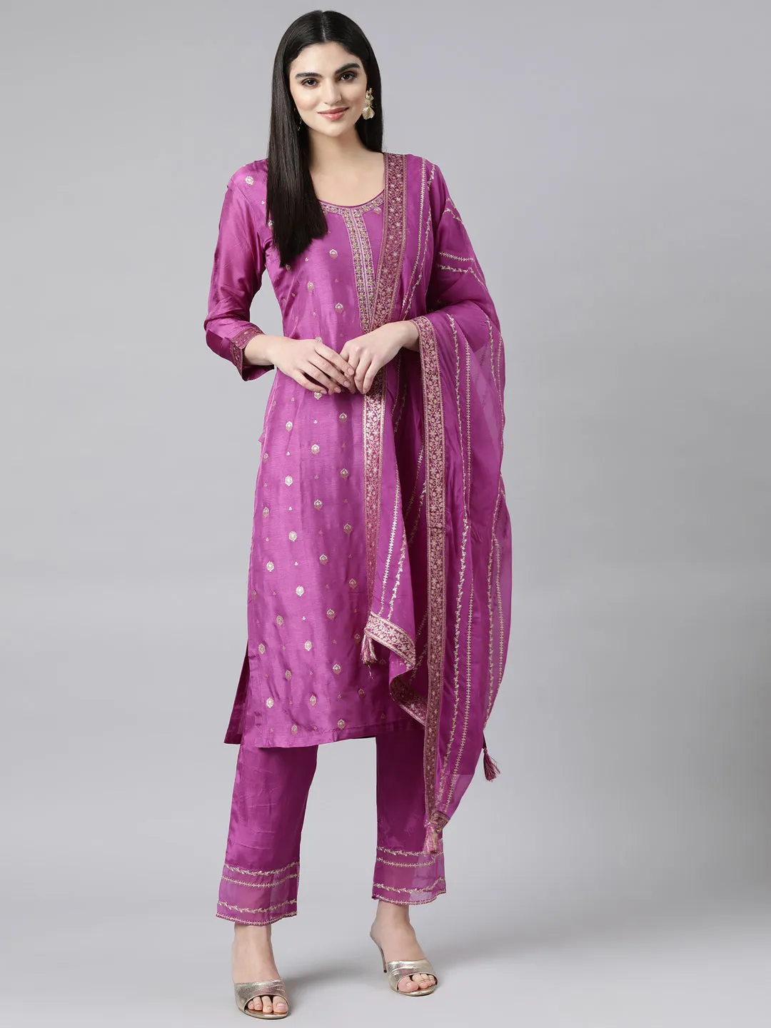 Neerus Purple Regular Straight Floral Kurta And Trousers With Dupatta