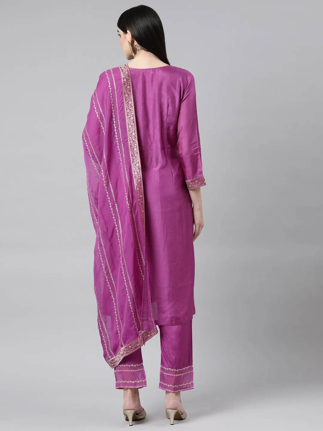 Neerus Purple Regular Straight Floral Kurta And Trousers With Dupatta