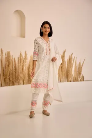 Neerus White Straight Patch Work Kurta And Trousers With Dupatta