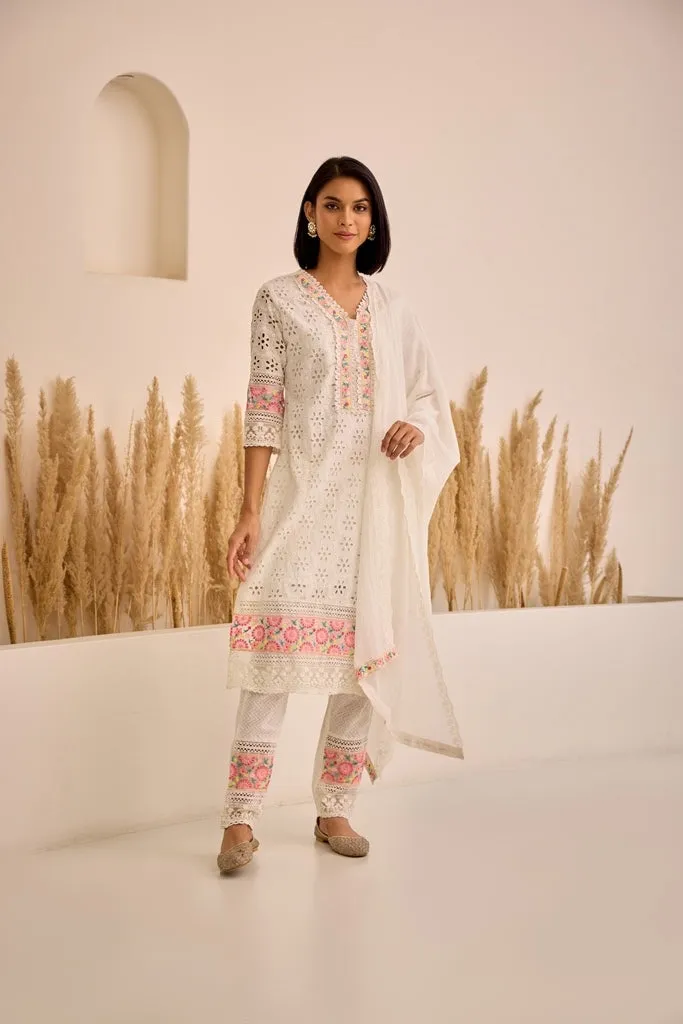 Neerus White Straight Patch Work Kurta And Trousers With Dupatta