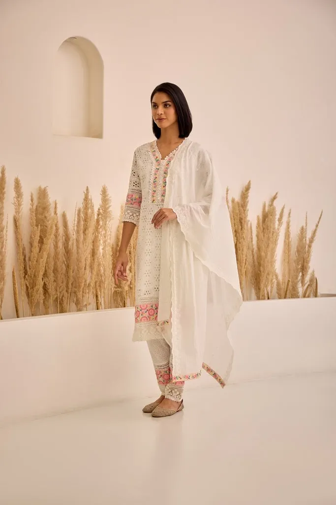 Neerus White Straight Patch Work Kurta And Trousers With Dupatta