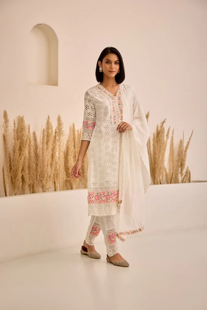 Neerus White Straight Patch Work Kurta And Trousers With Dupatta