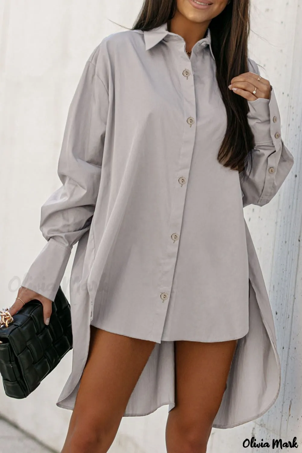 Olivia Mark - High Low Khaki Button Down Long Sleeve Shirt