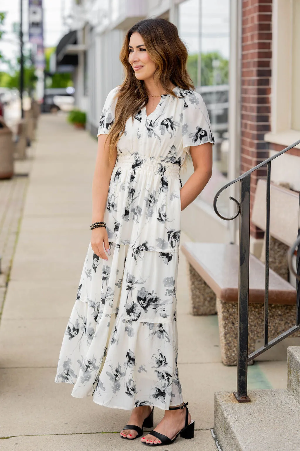 Painted Floral Tiered Maxi Dress