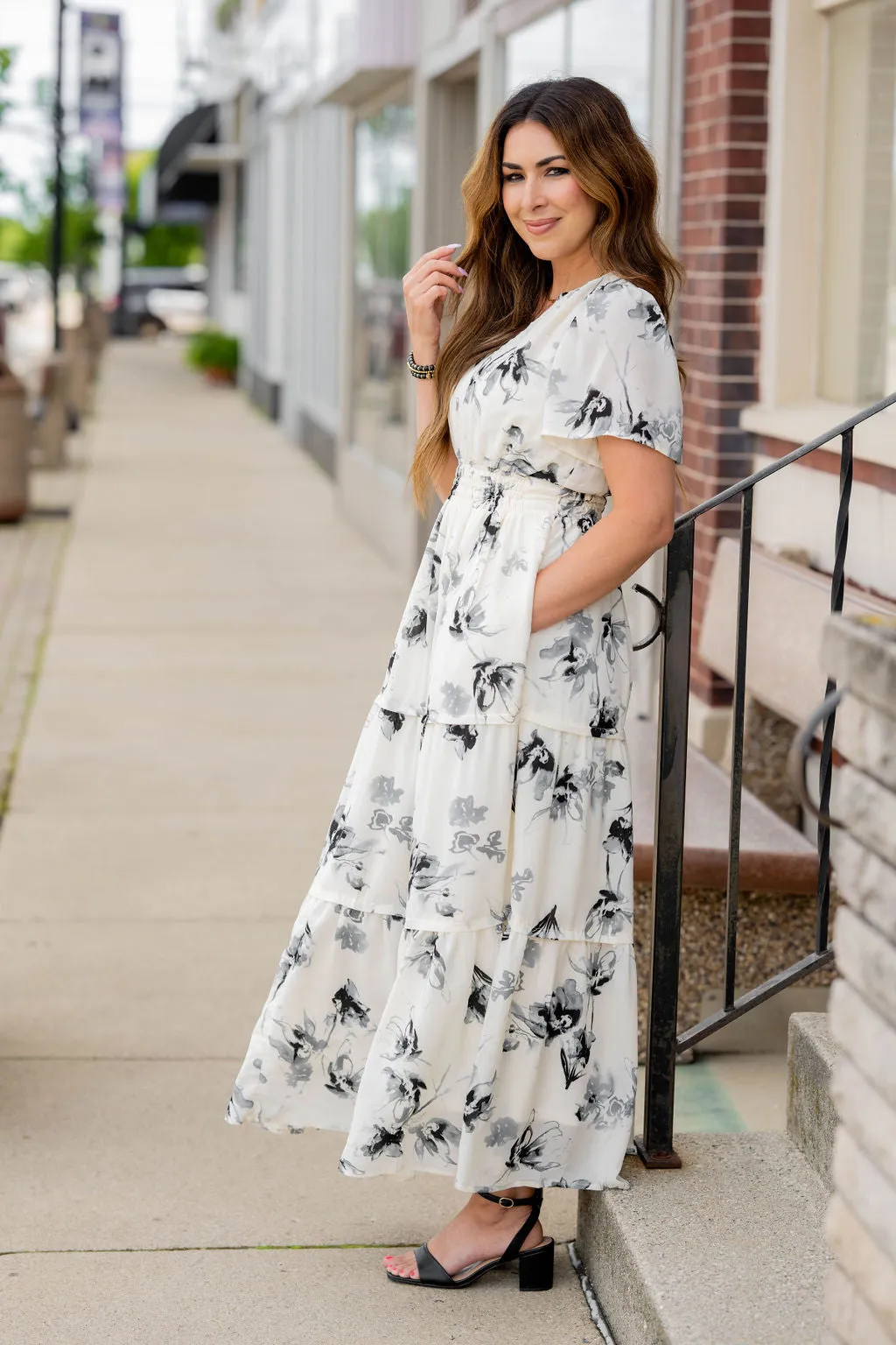 Painted Floral Tiered Maxi Dress