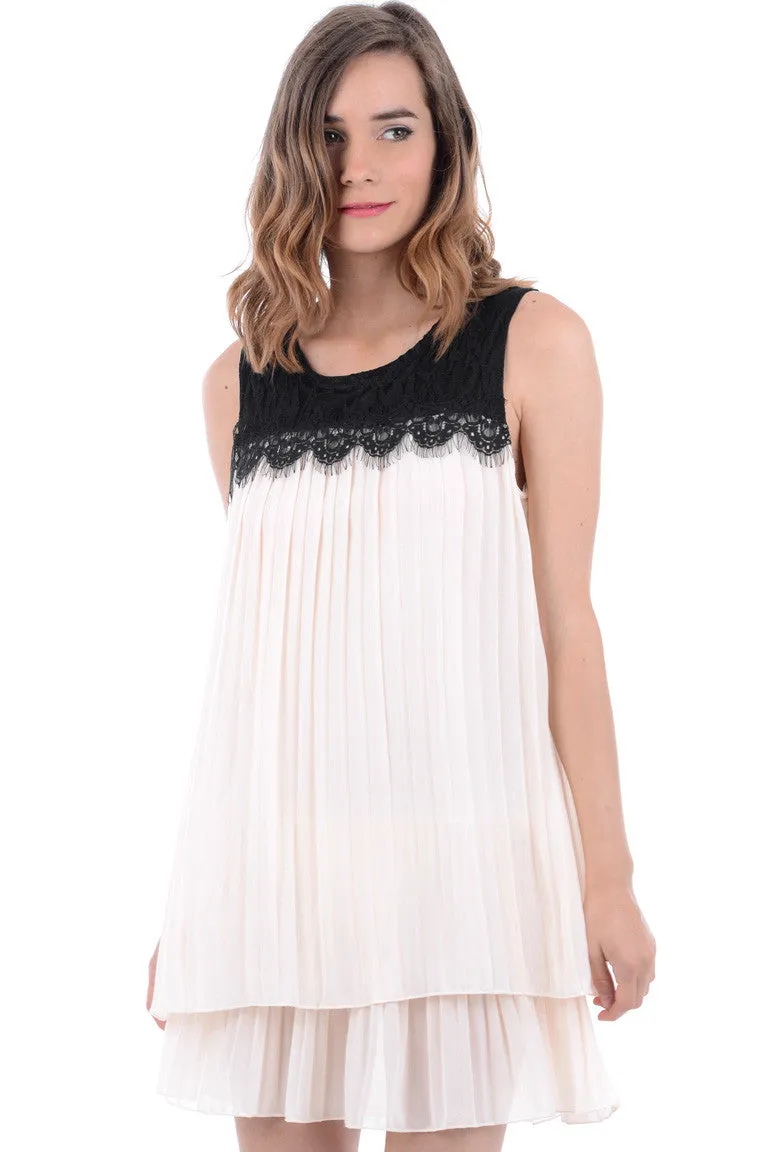 Pleated Chiffon Dress with Black Lace Detail