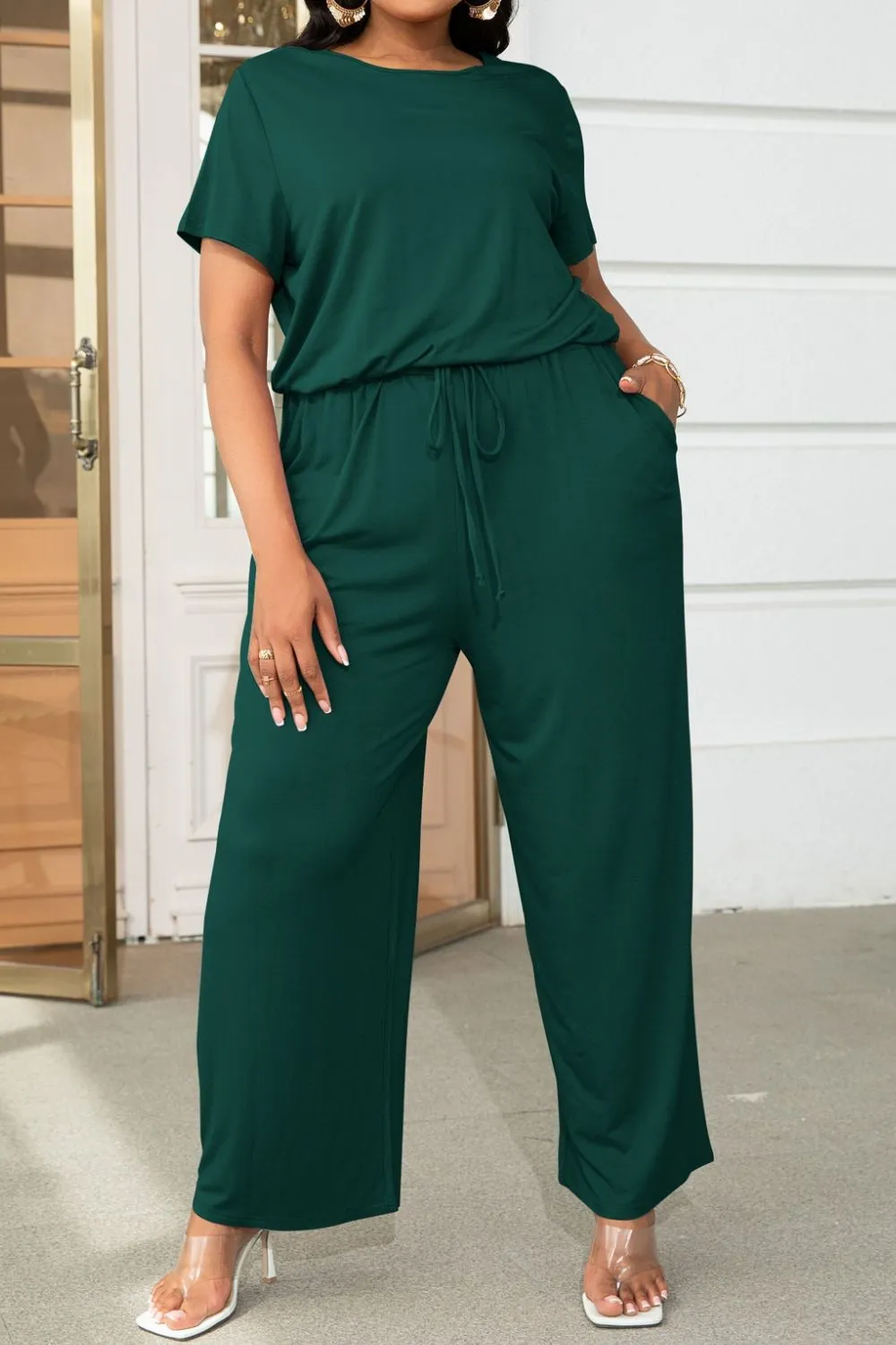 Plus Size Drawstring Waist Short Sleeve Jumpsuit