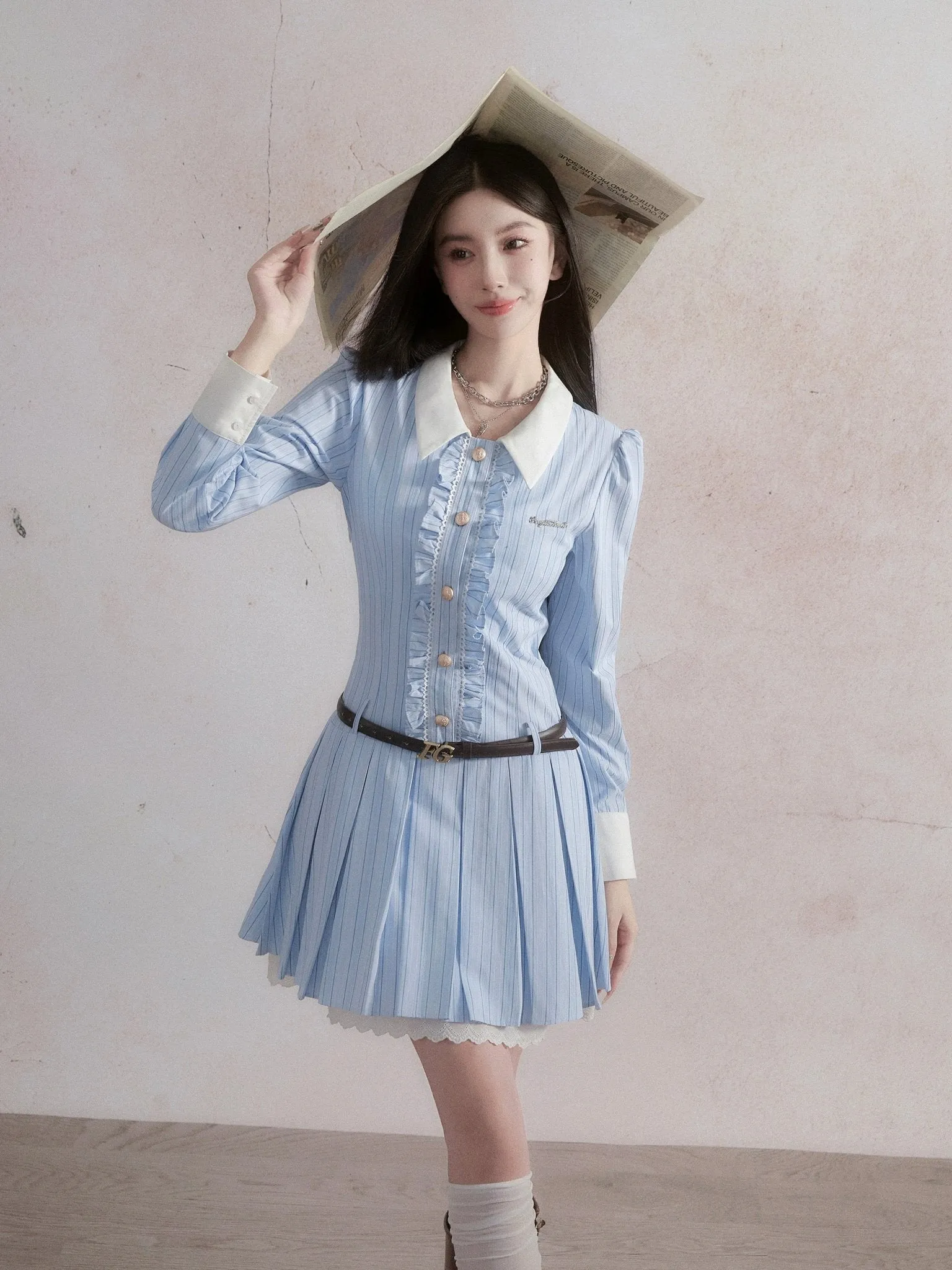 Powder Blue Chiffon Pleated Ruffle Dress