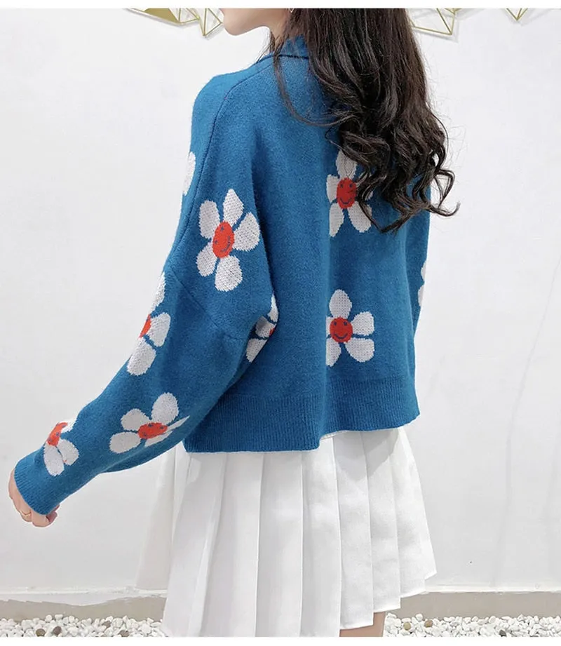 Preppy Style Floral Knitted Cardigans