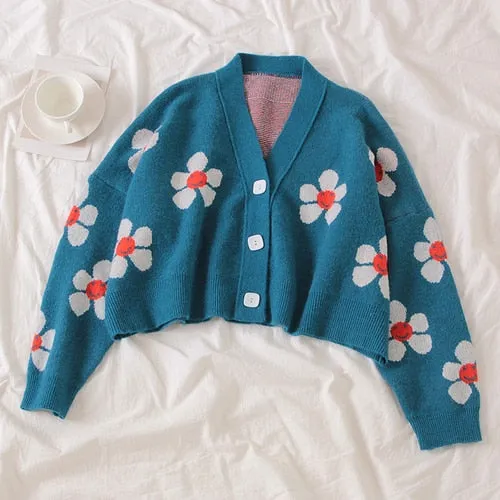 Preppy Style Floral Knitted Cardigans