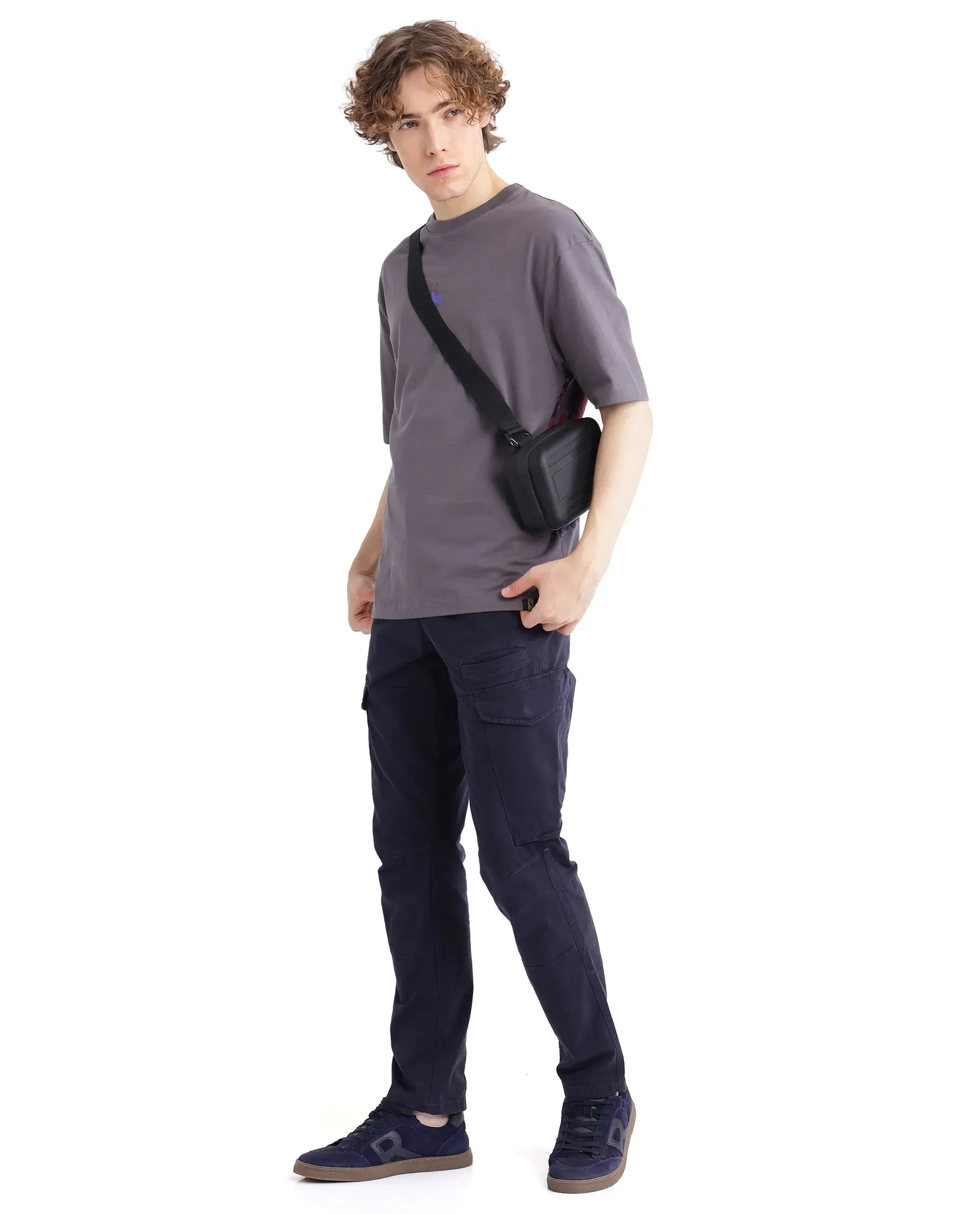 Rare Rabbit Men Ceder-1 Dark Navy Button and Zip Closure Multi-Pocket Plain Cargo Trouser