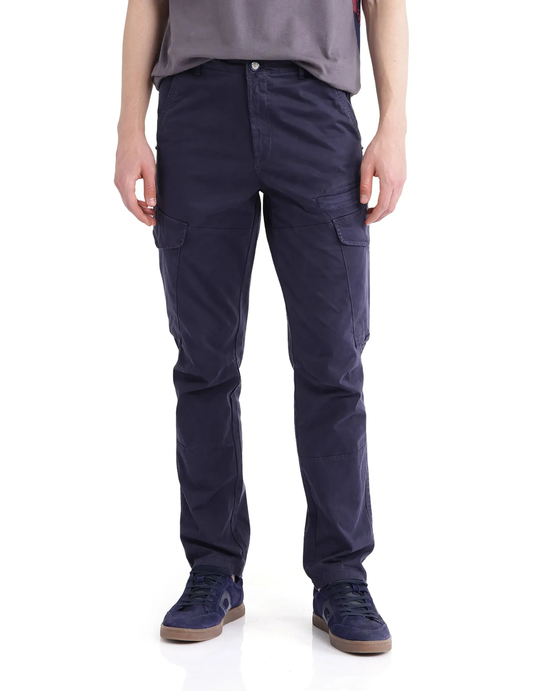 Rare Rabbit Men Ceder-1 Dark Navy Button and Zip Closure Multi-Pocket Plain Cargo Trouser