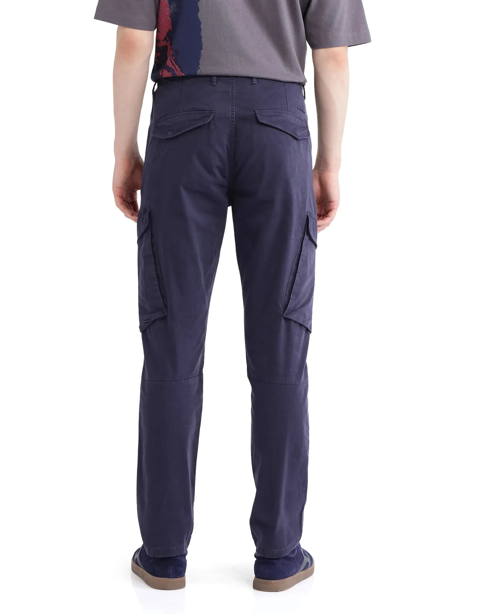 Rare Rabbit Men Ceder-1 Dark Navy Button and Zip Closure Multi-Pocket Plain Cargo Trouser