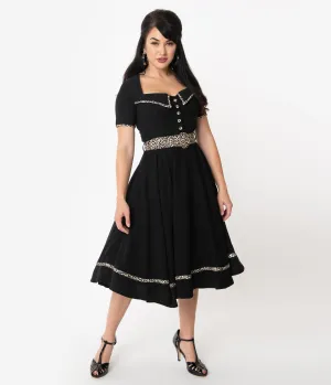 Retro Style Black & Leopard Trim Yael Swing Dress