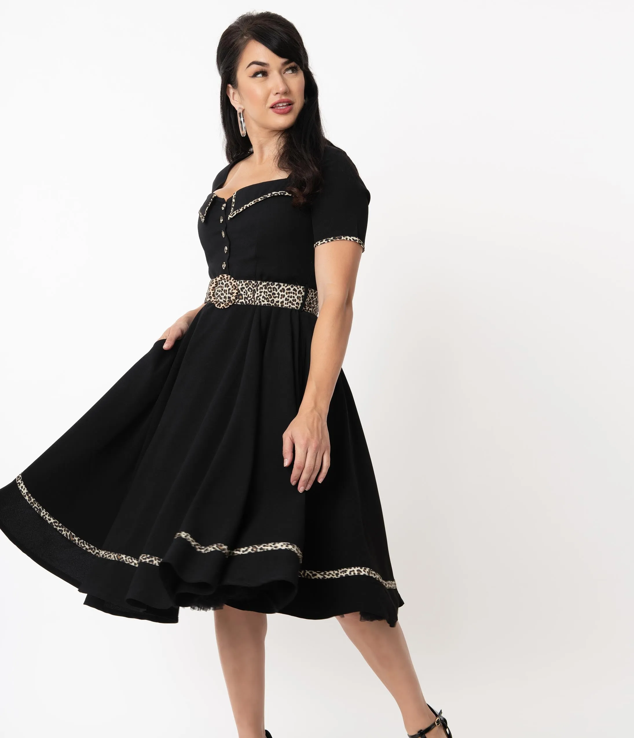 Retro Style Black & Leopard Trim Yael Swing Dress