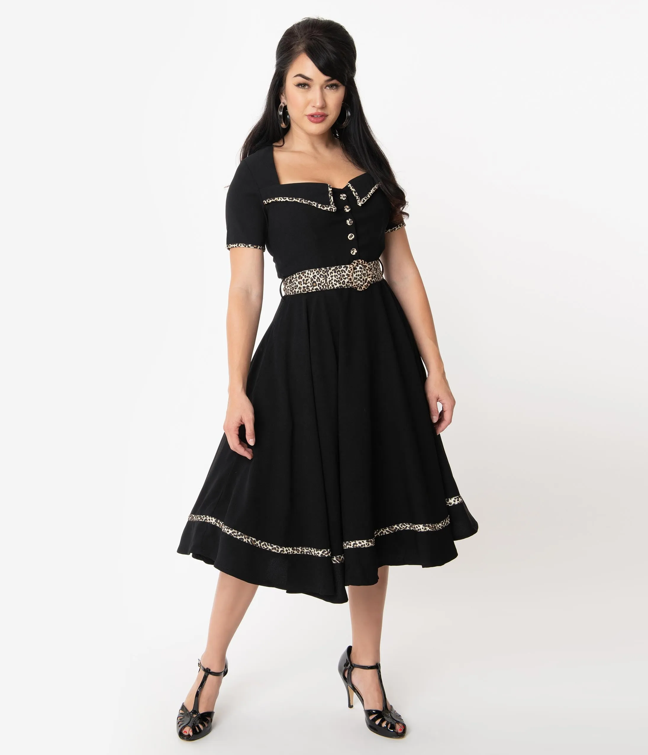 Retro Style Black & Leopard Trim Yael Swing Dress