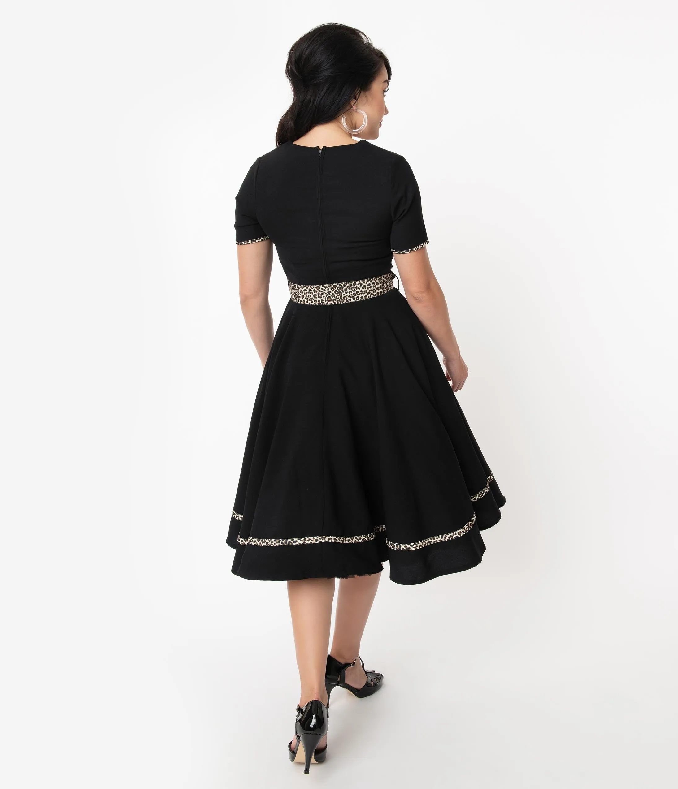 Retro Style Black & Leopard Trim Yael Swing Dress