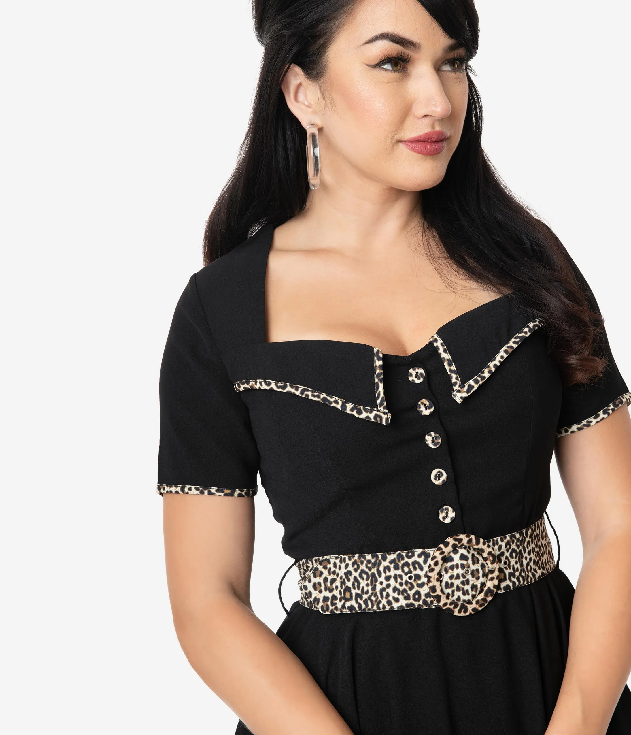 Retro Style Black & Leopard Trim Yael Swing Dress