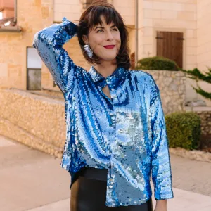 Shimmer & Sparkle Blue Sequined Collared Shirt