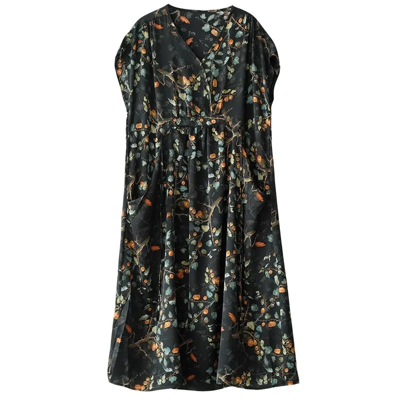 Short Sleeves Flower Print V-Neck Midi Dresses Floral Dresses