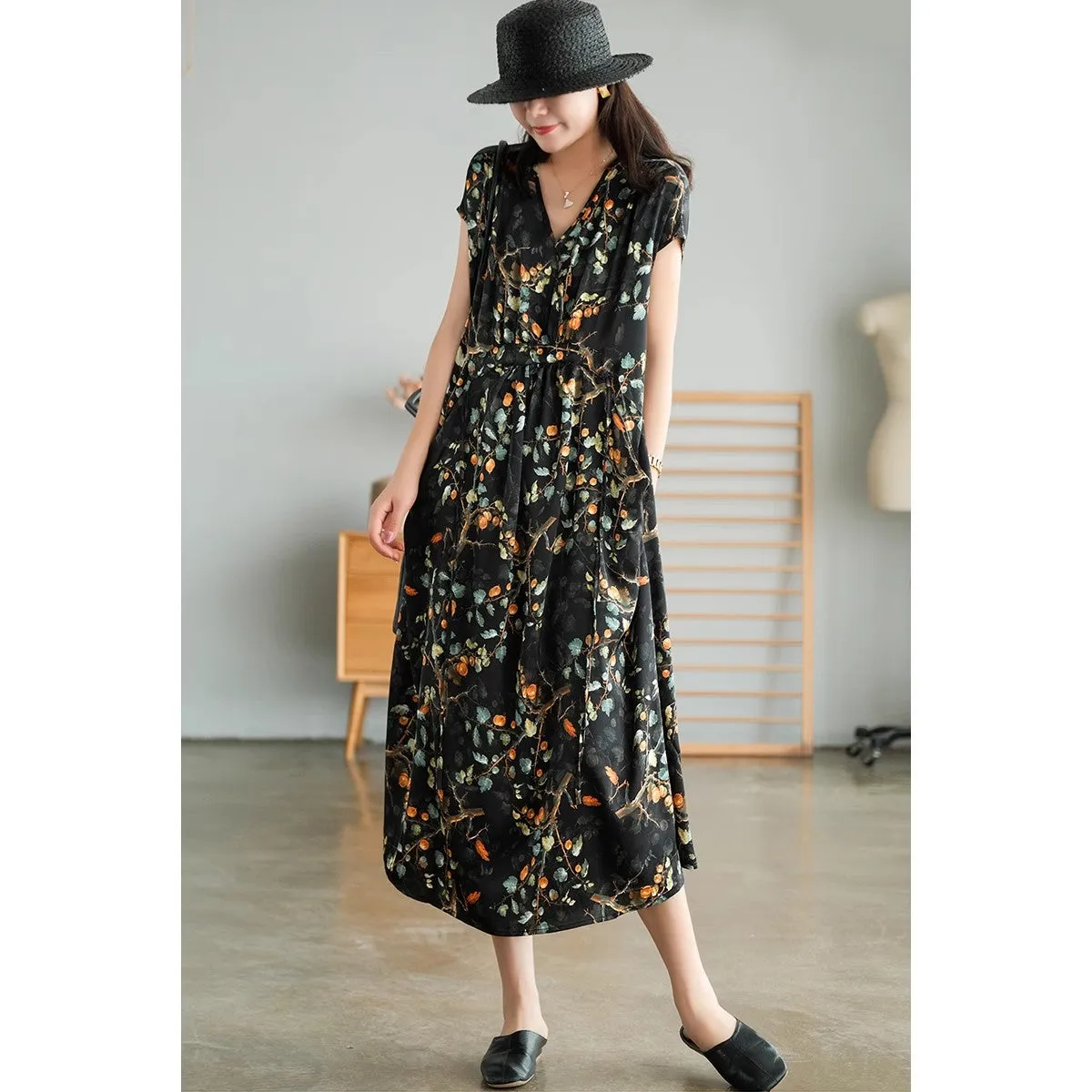 Short Sleeves Flower Print V-Neck Midi Dresses Floral Dresses