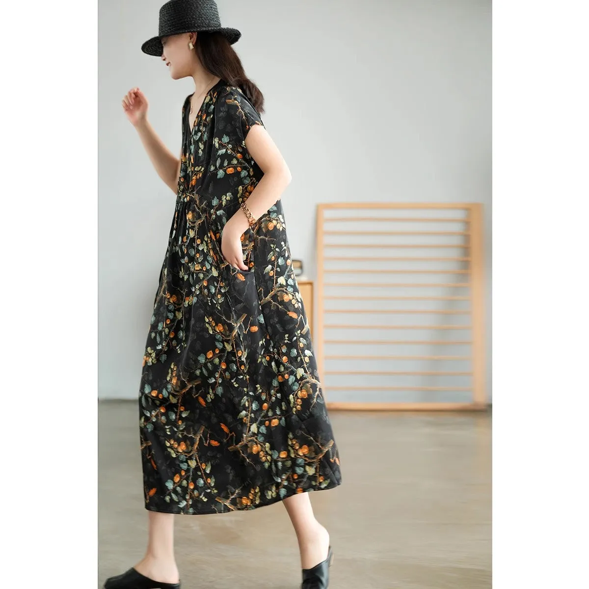 Short Sleeves Flower Print V-Neck Midi Dresses Floral Dresses