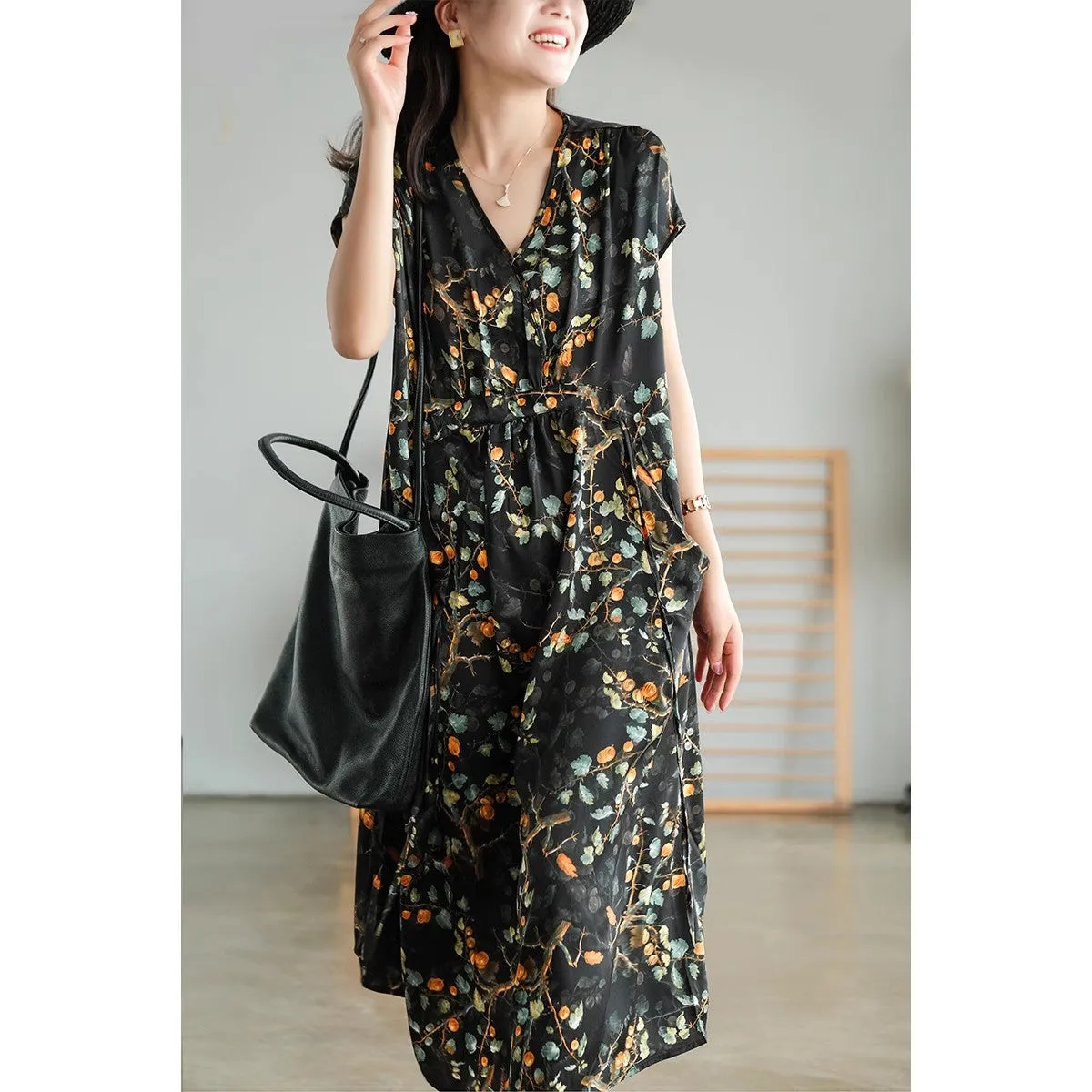 Short Sleeves Flower Print V-Neck Midi Dresses Floral Dresses