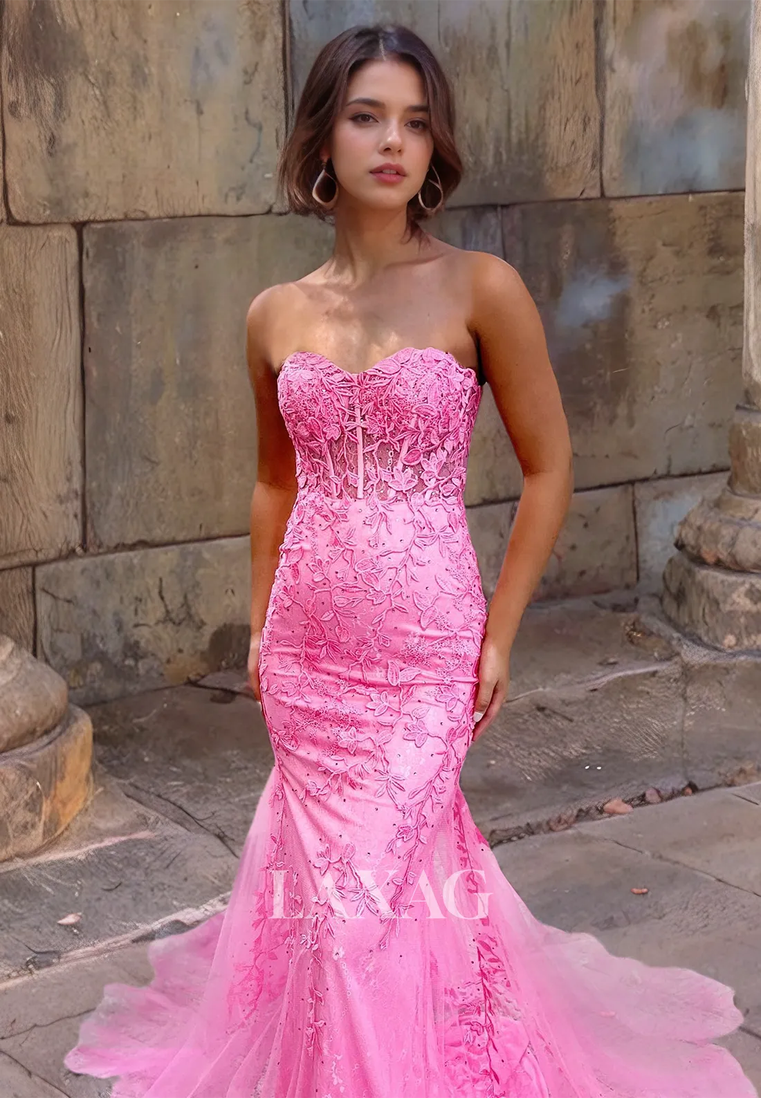 Sweetheart Trumpet&Mermaid Applique Lace Strapless Prom Formal Party Dress