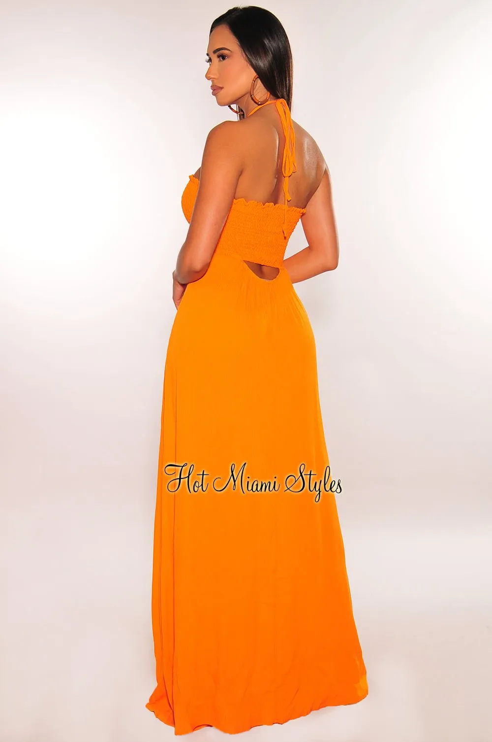 Tangerine Smocked Halter Maxi Dress