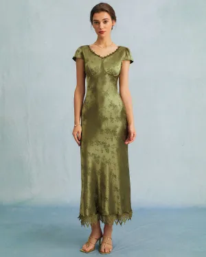 The Green Jacquard Cap Sleeve Satin Midi Dress