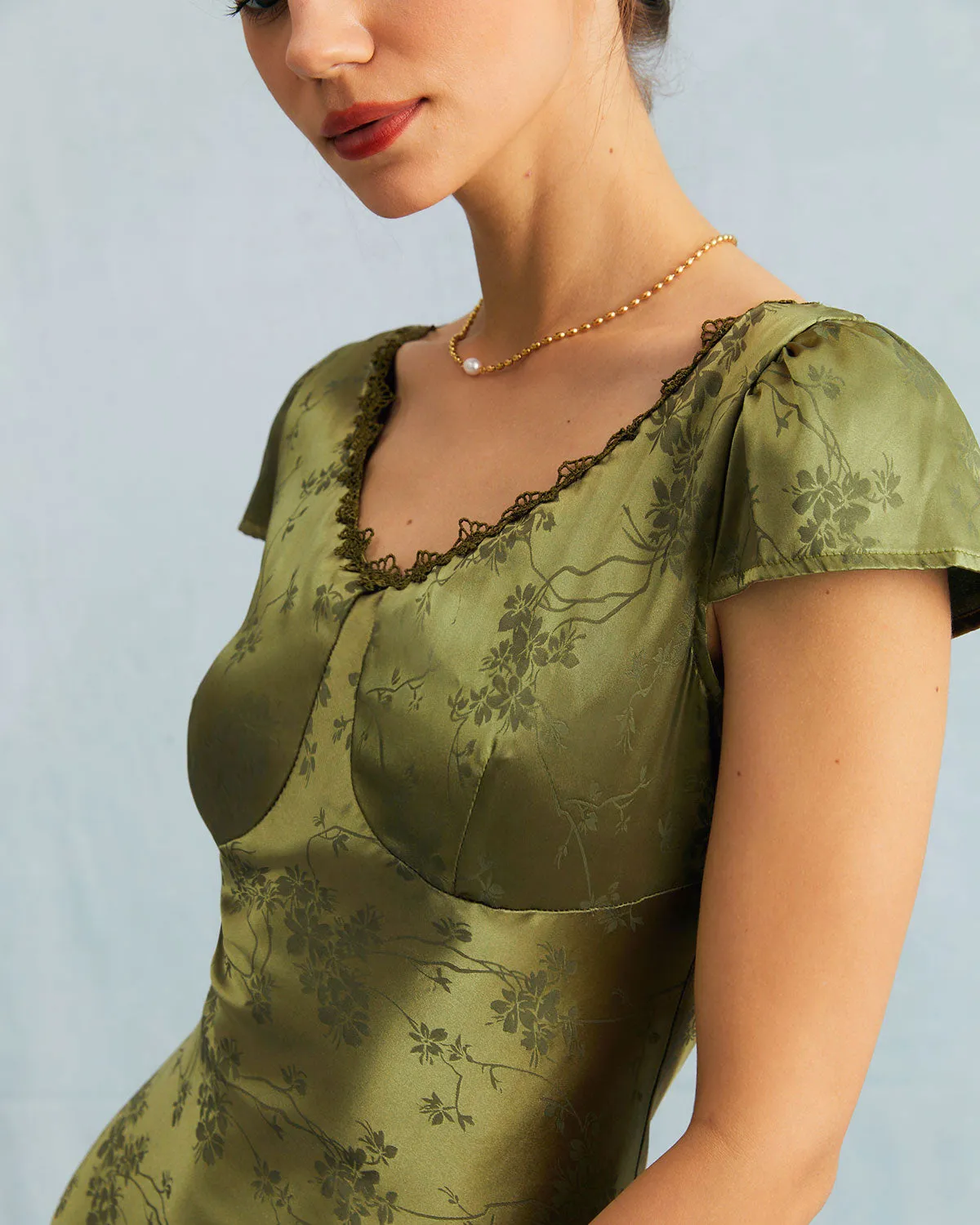 The Green Jacquard Cap Sleeve Satin Midi Dress