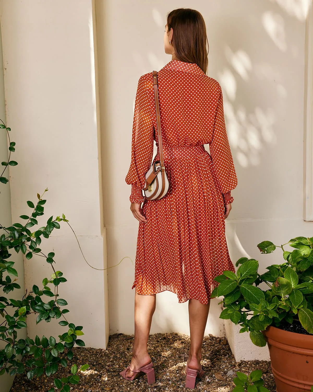 The Orange Lapel Polka Dot Pleated Midi Dress