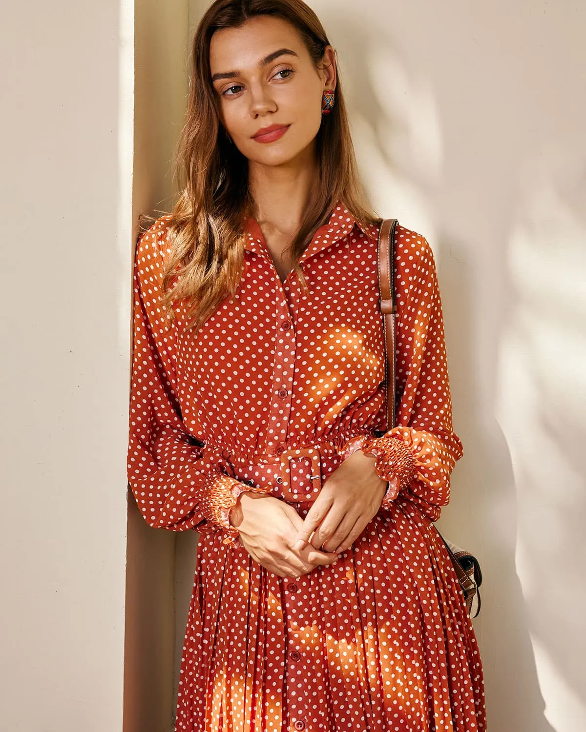 The Orange Lapel Polka Dot Pleated Midi Dress