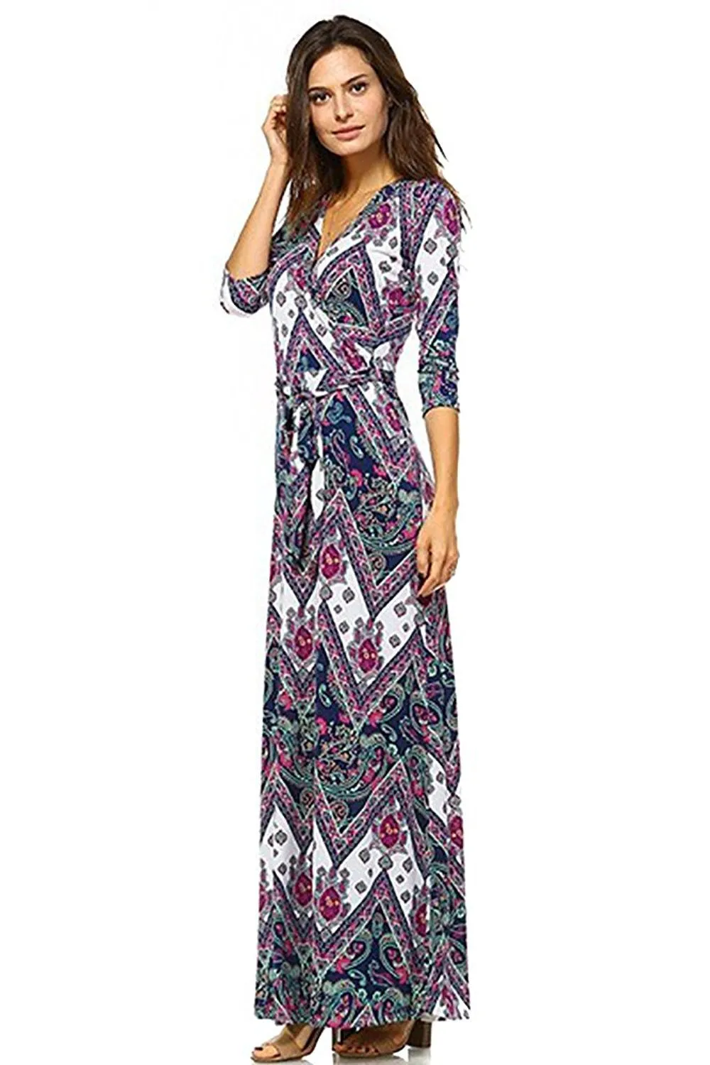 Trendy Aztec Chevron Paisley Design 3/4 Sleeves Maxi Dress USA